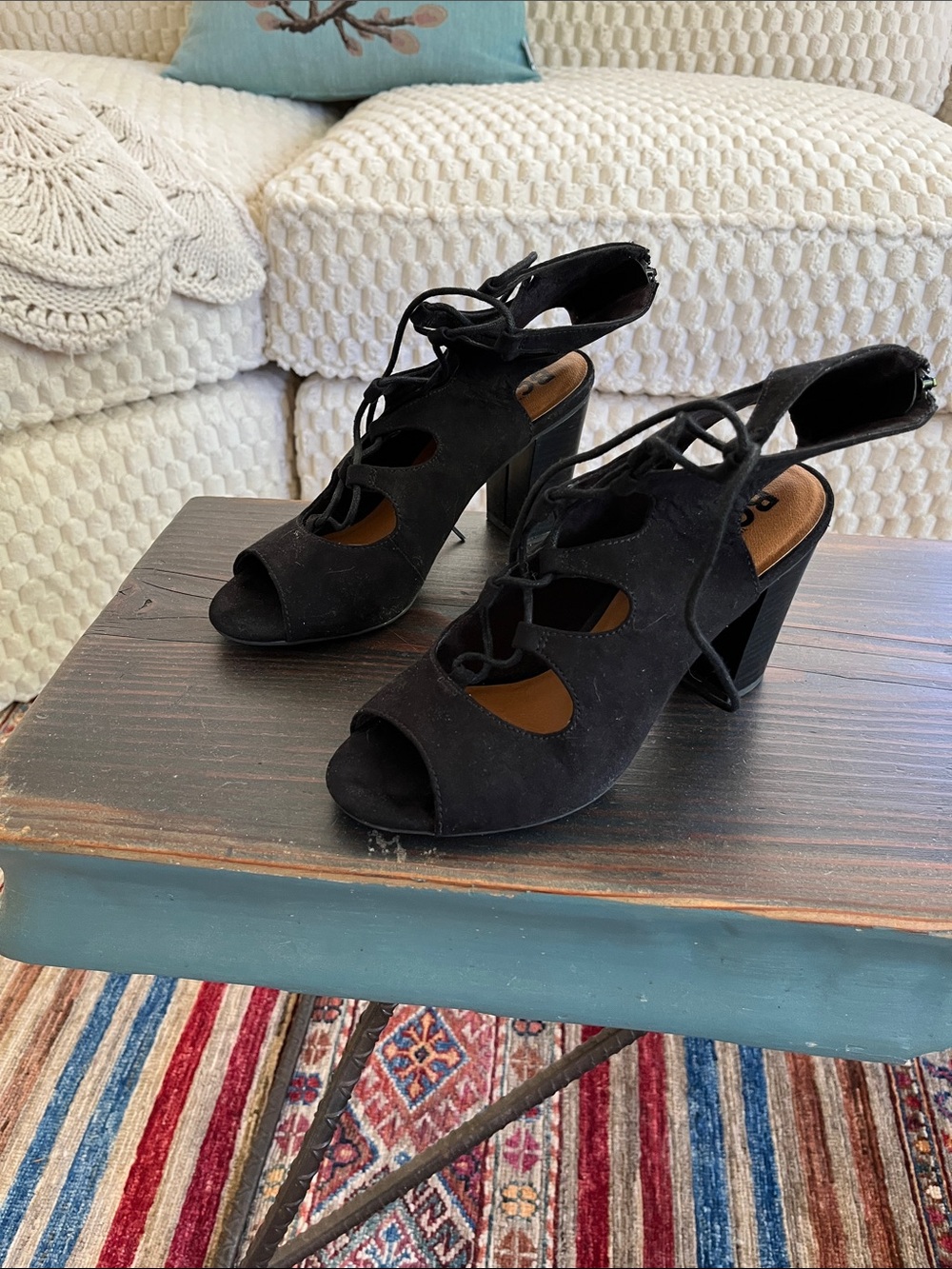 Black Suede Lace-Up Open-Toe Block Heels